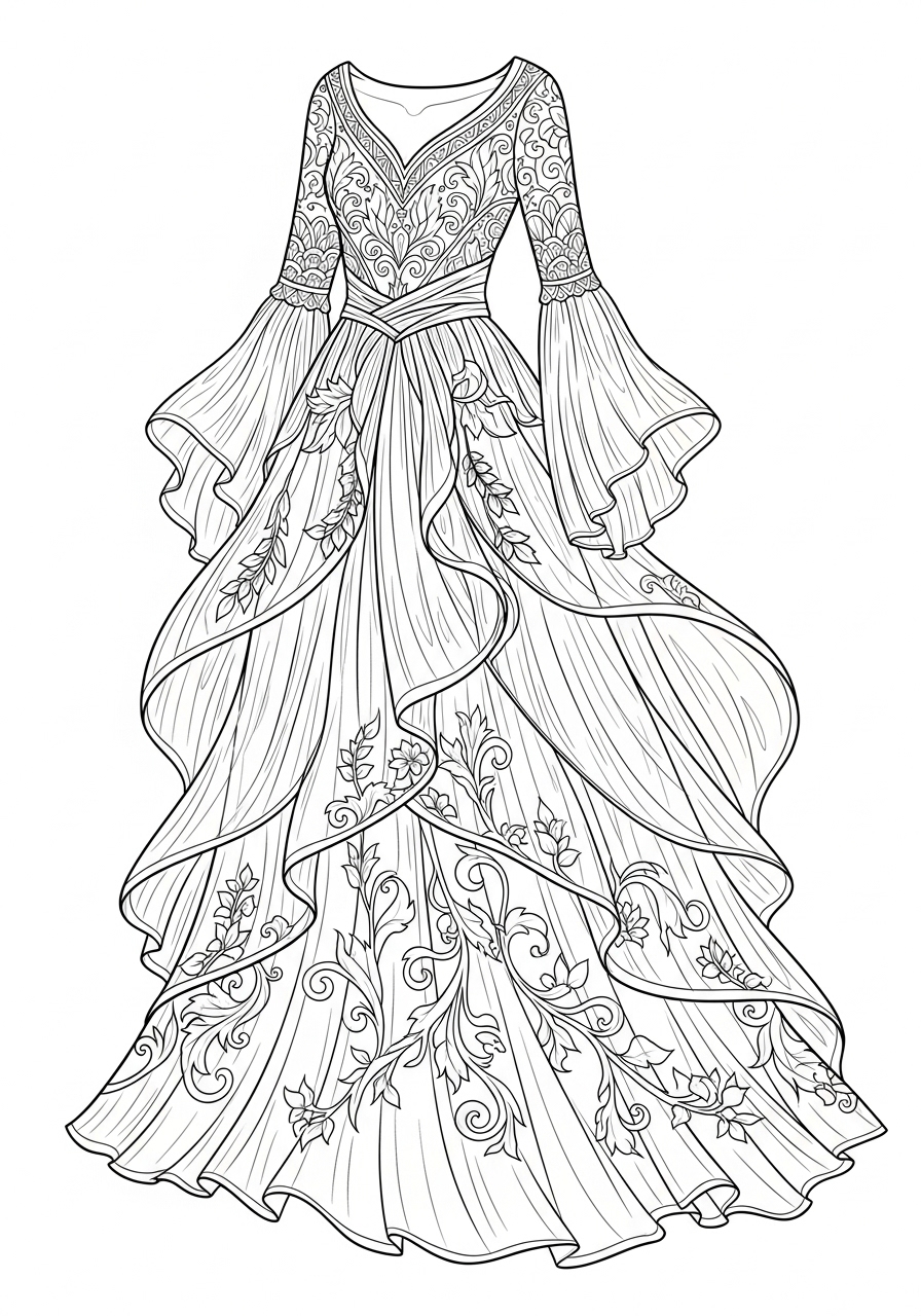 Desenho de vestido longo com detalhes para colorir