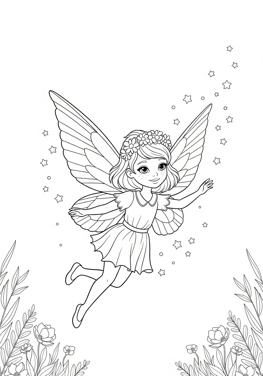 Desenho de Fada com asas voando entre estrelas para colorir
