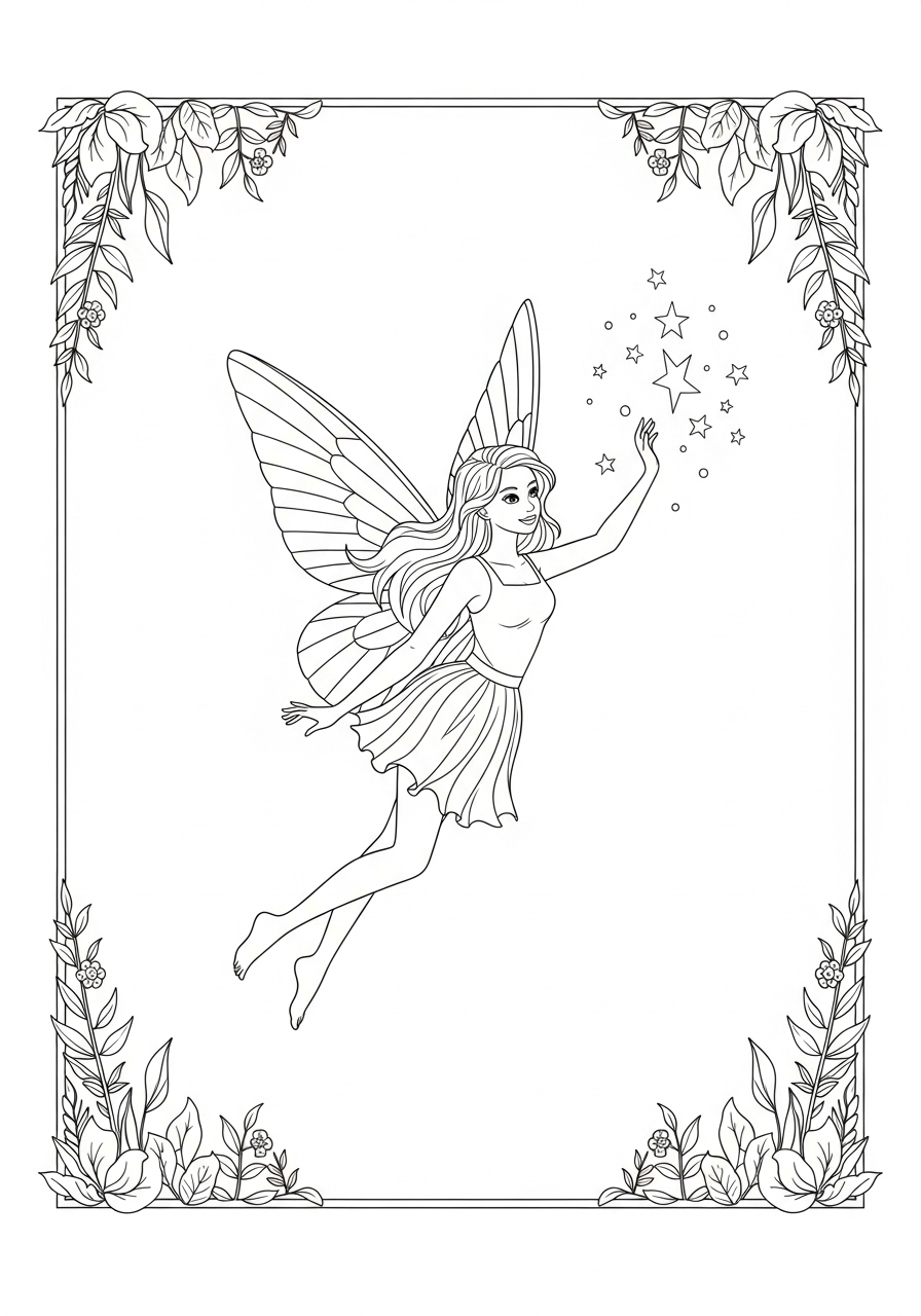 Desenho de Fada com asas e estrelas para colorir