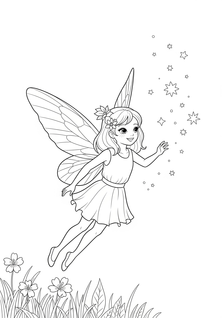Desenho de Fada voando e espalhando estrelas para colorir