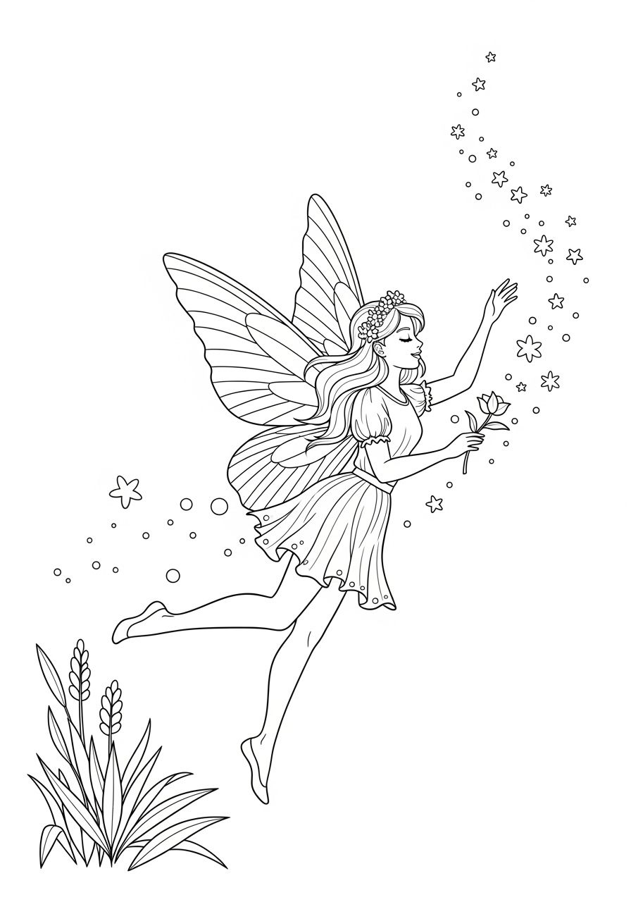 Desenho de Fada voando e espalhando estrelas para colorir