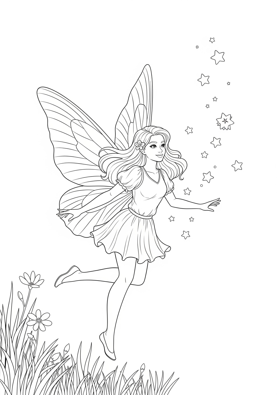 Desenho de Fada voando com estrelas e flores para colorir