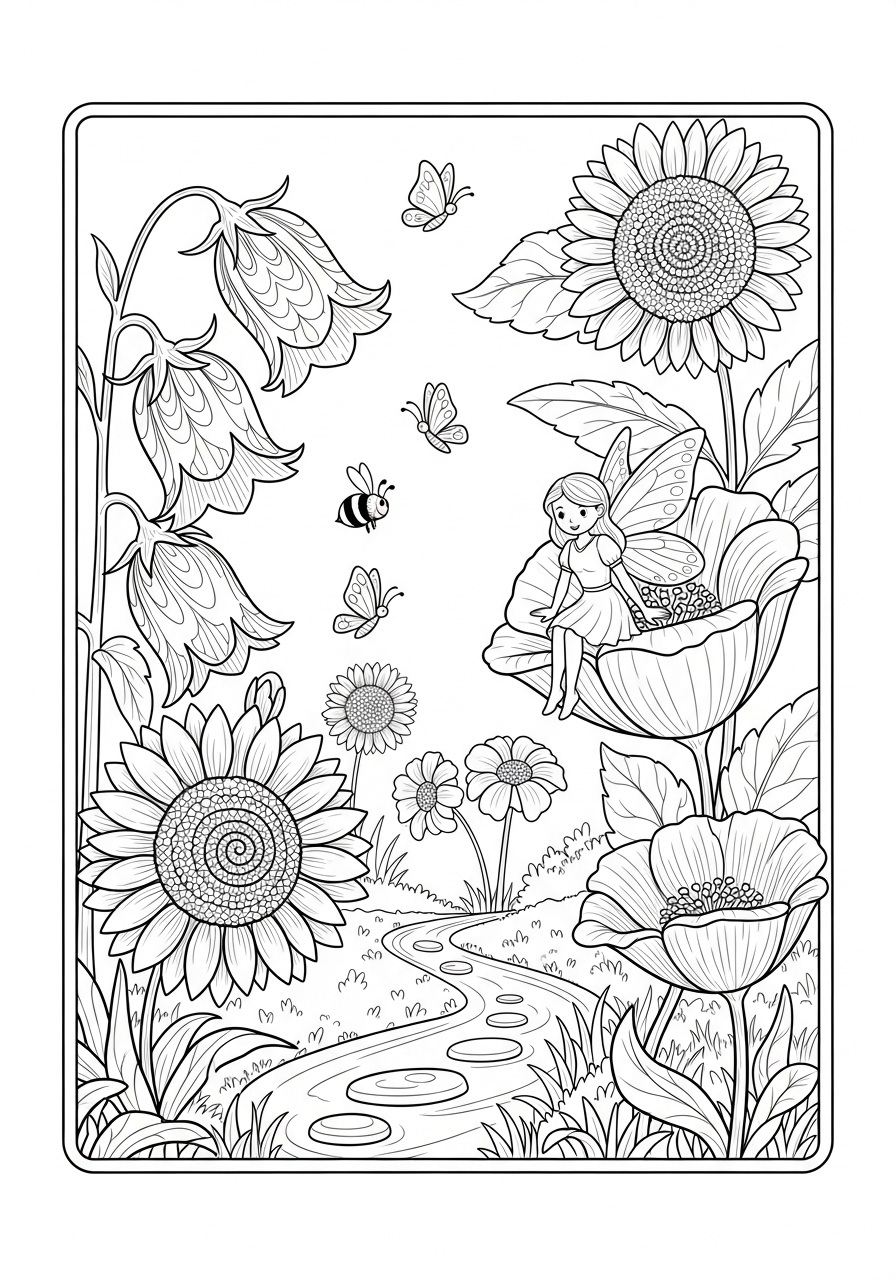 Desenho de Fada sentada em flor para colorir