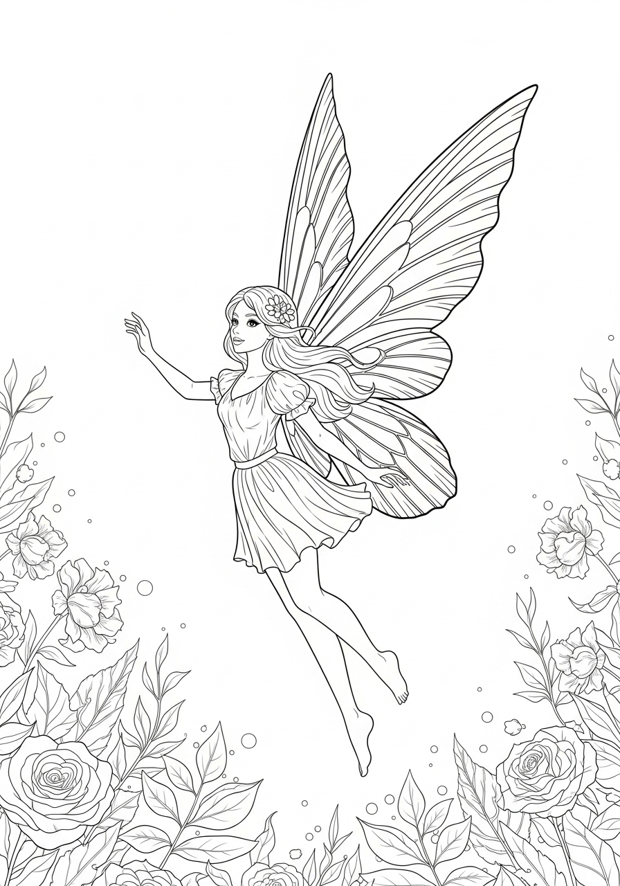 Desenho de Fada voando entre flores para colorir
