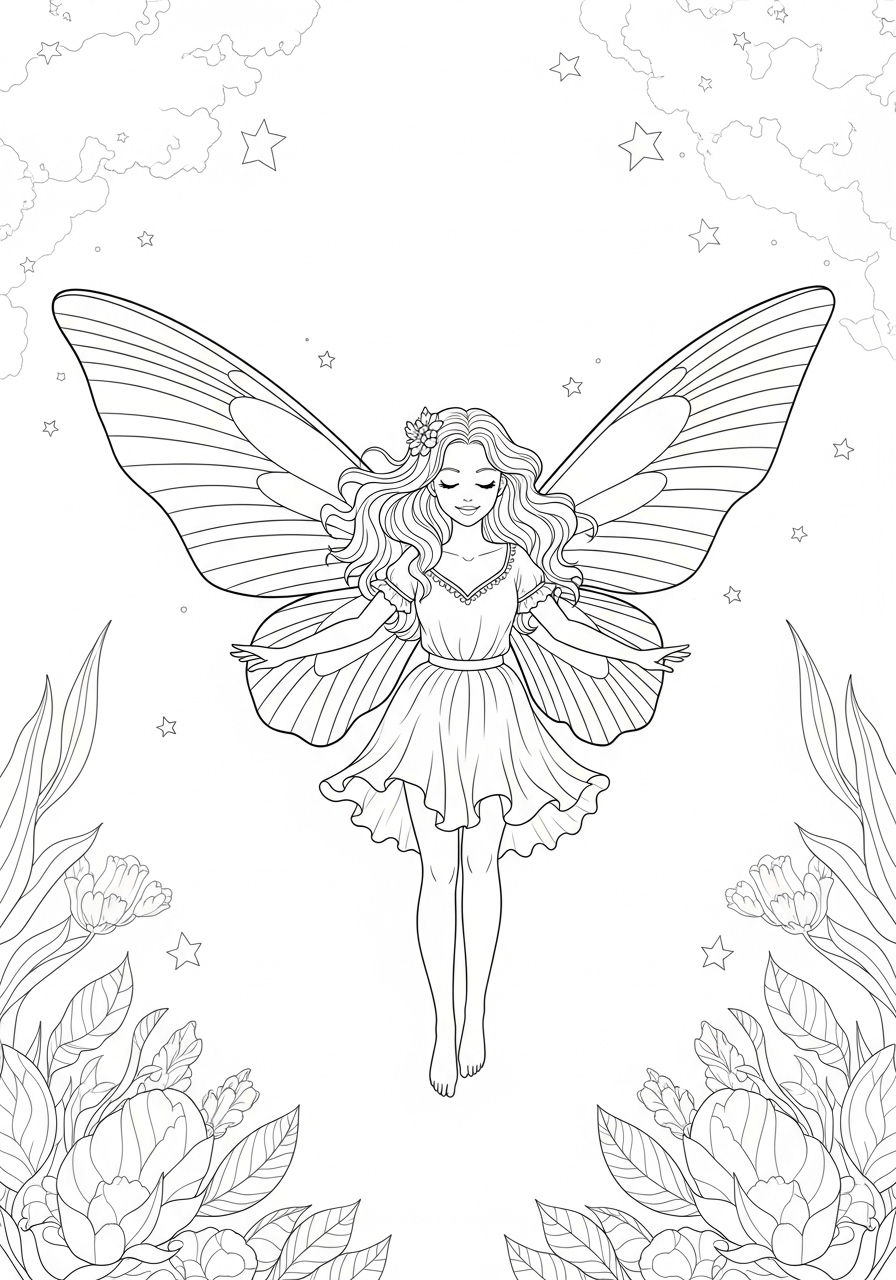 Desenho de Fada com asas grandes para colorir