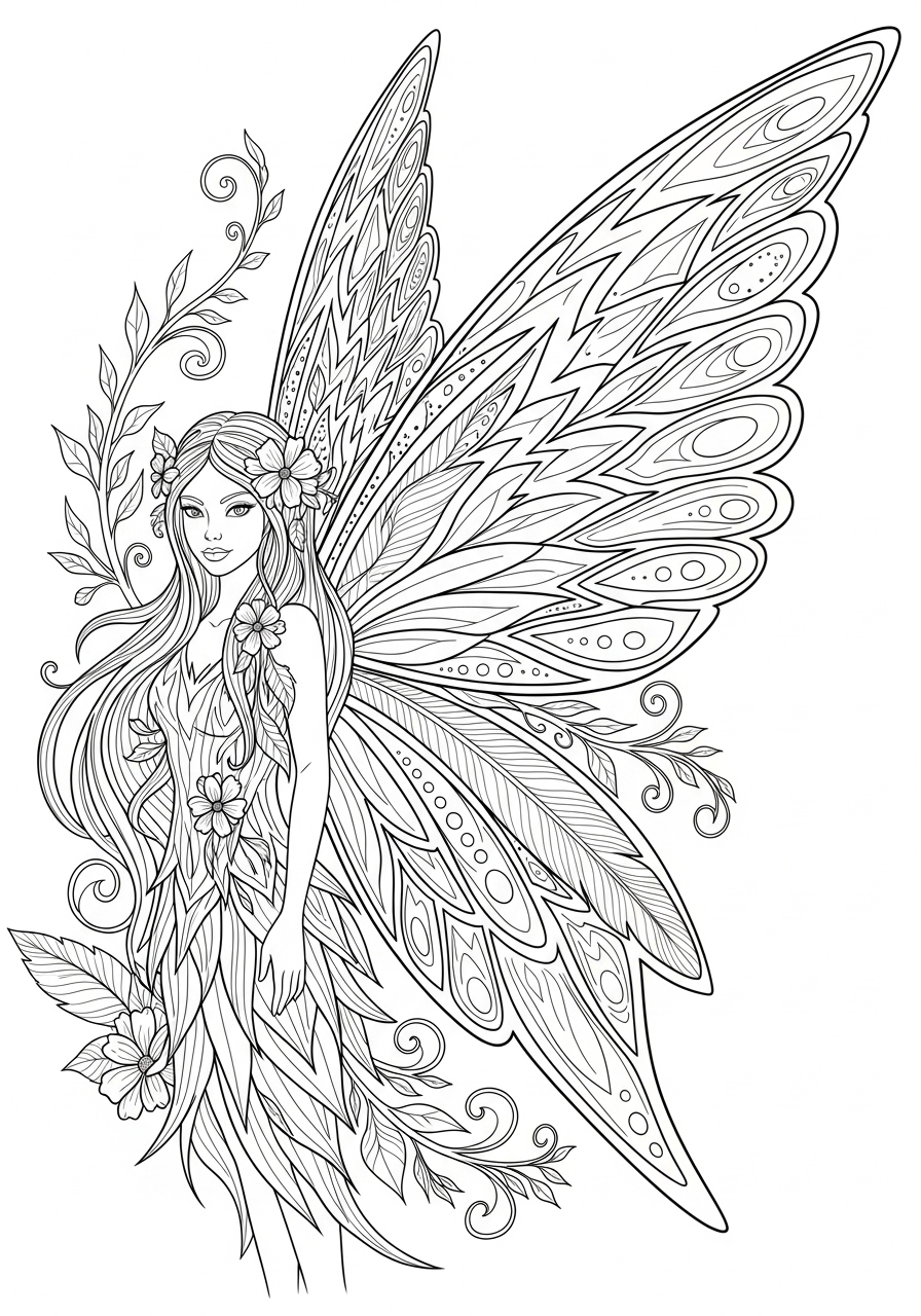 Desenho de Fada com asas decorativas para colorir
