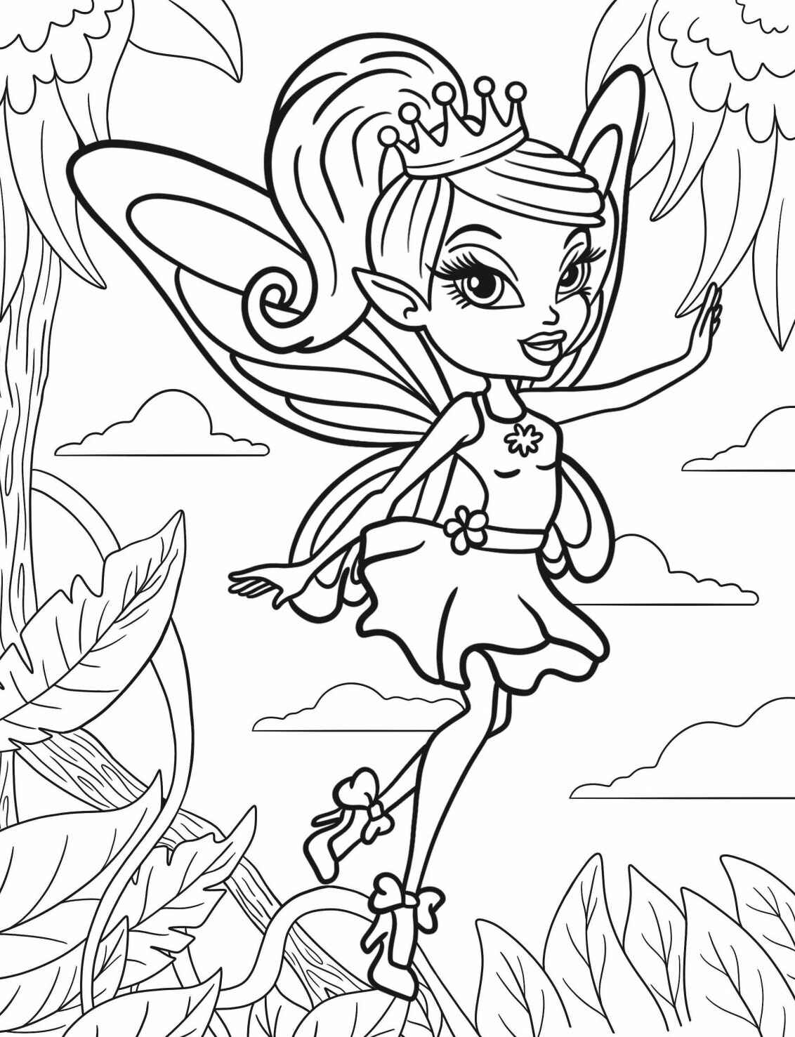 Desenho de Fada com coroa voando entre as árvores para colorir