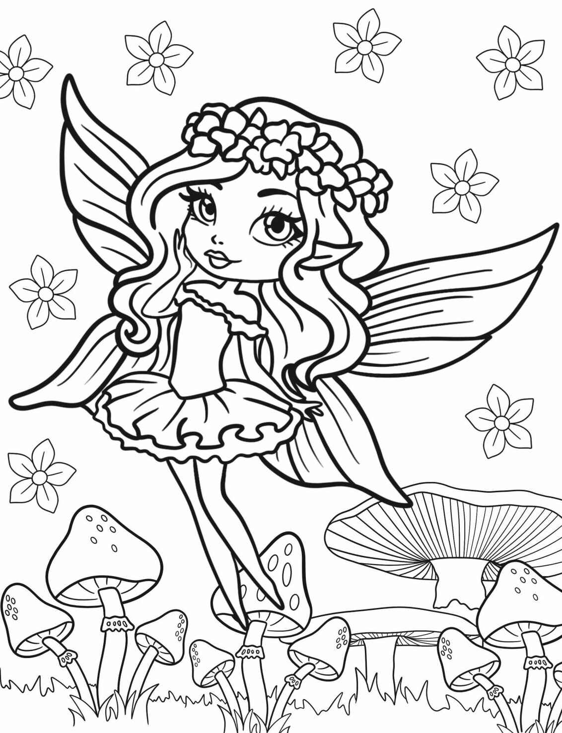 Desenho de Fada com flores e cogumelos para colorir
