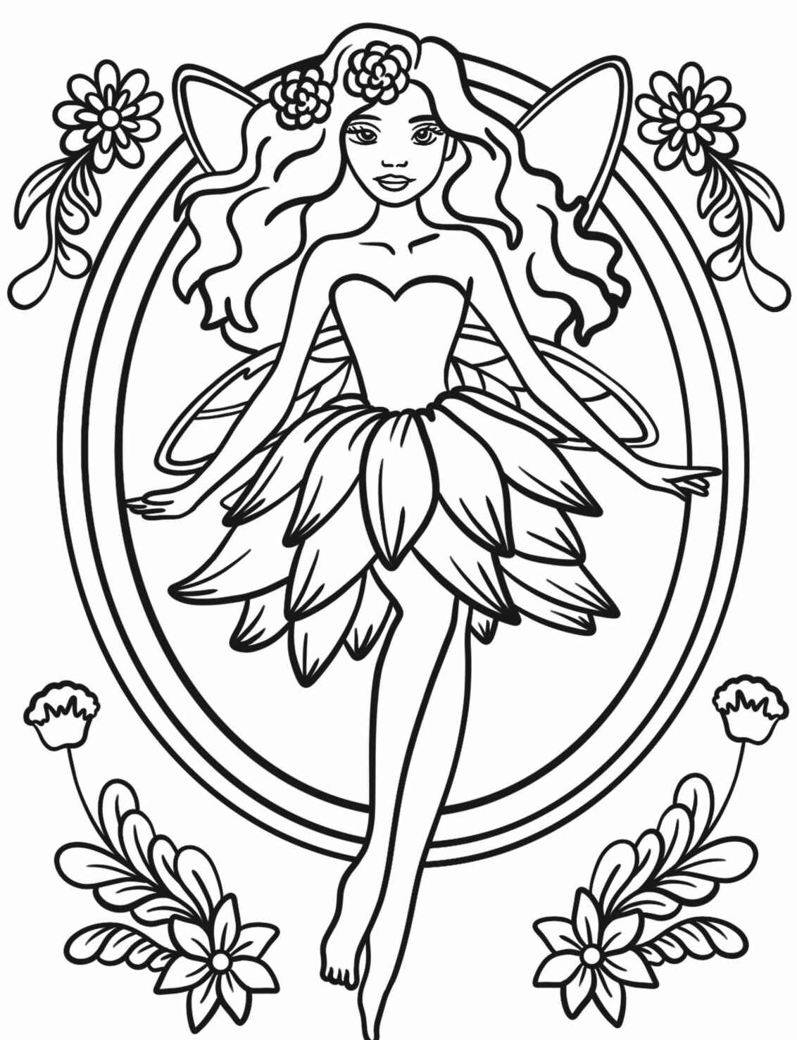 Desenho de Fada com flores e vestido de pétalas para colorir