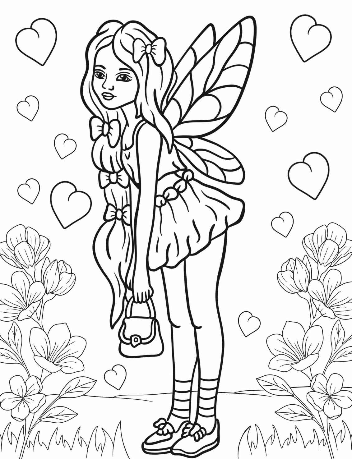 Desenho de Fada com laços e flores para colorir