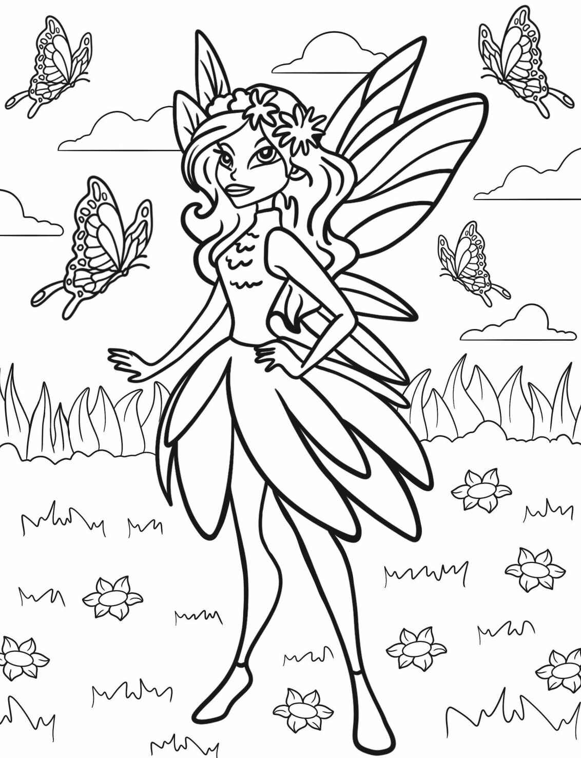 Desenho de Fada com flores e borboletas para colorir