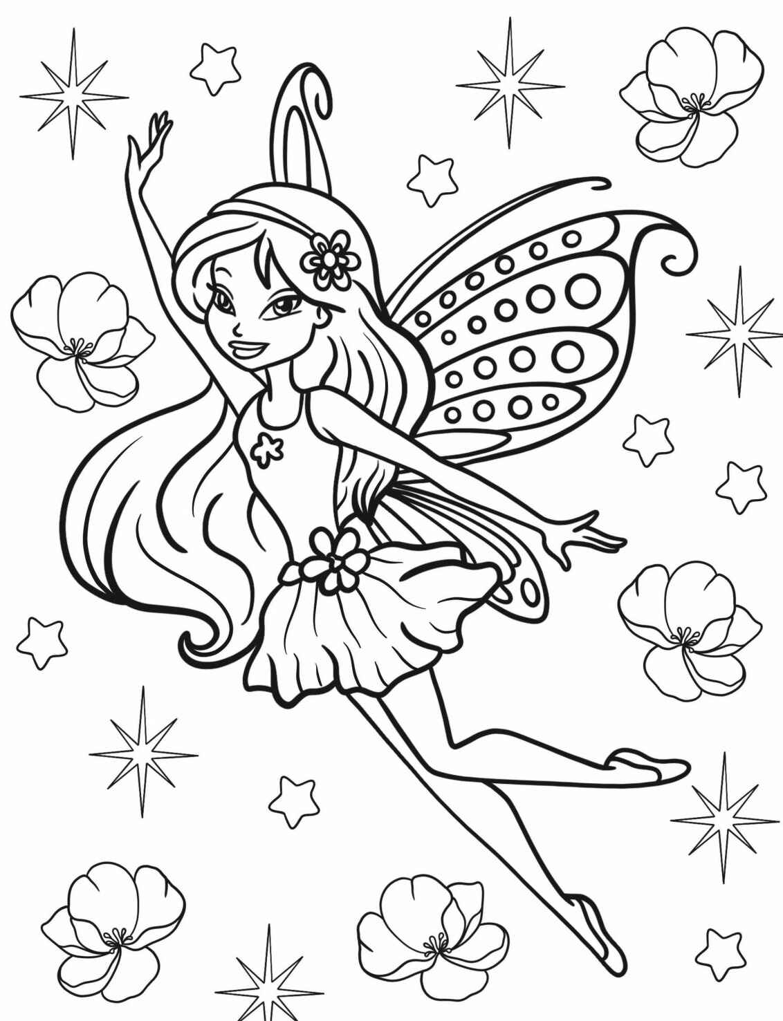 Desenho de Fada delicada com flores para colorir