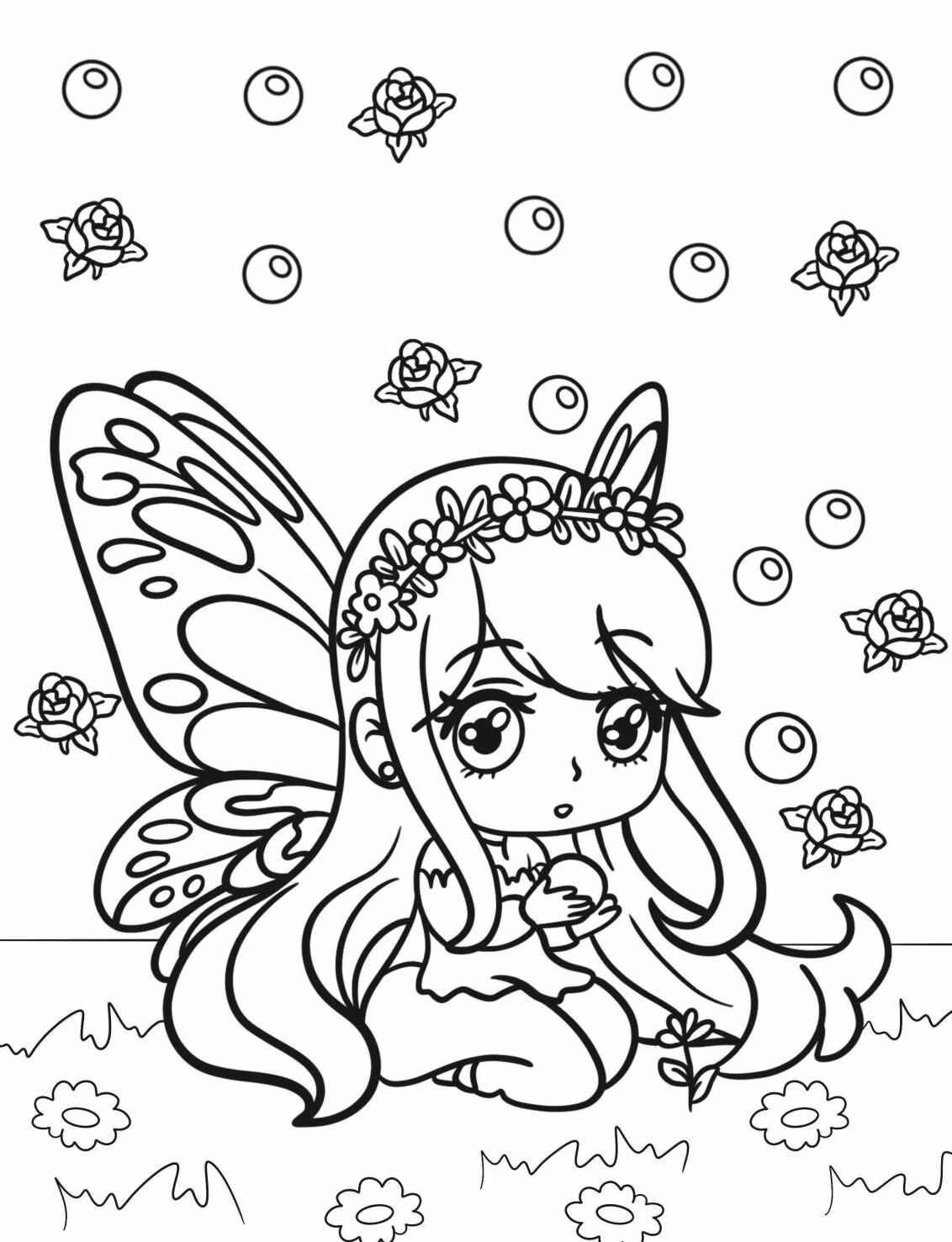 Desenho de Fada com flores para colorir