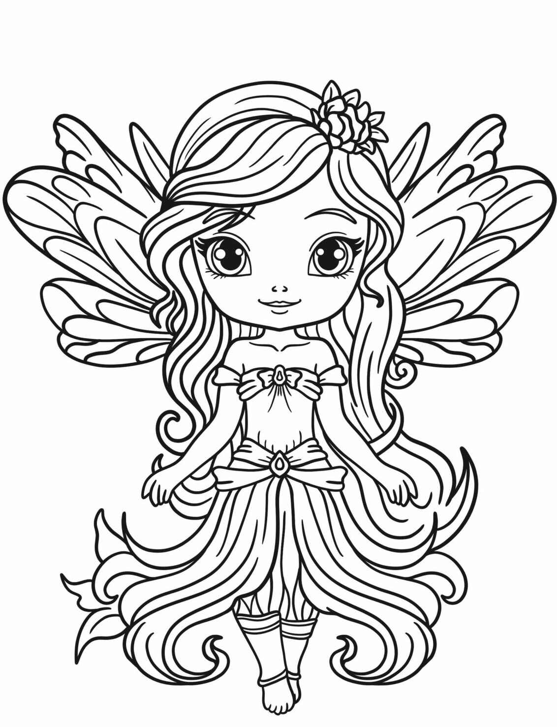 Desenho de Fada com asas e cabelos longos para colorir