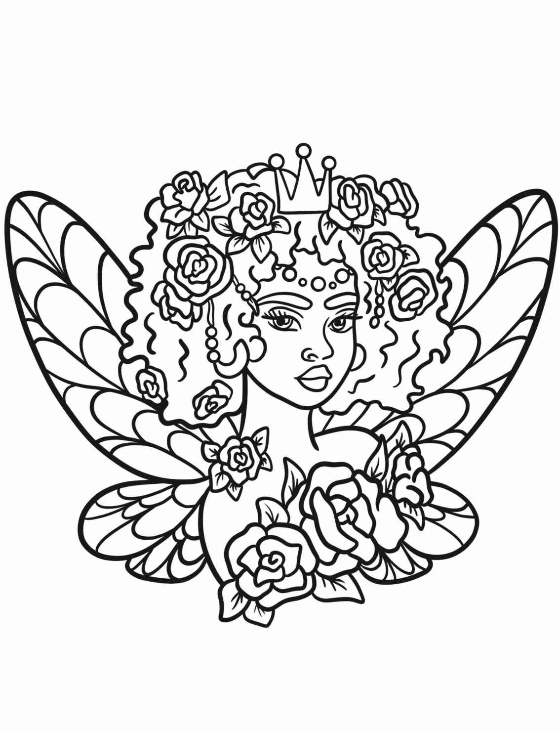 Desenho de Fada com flores e asas para colorir