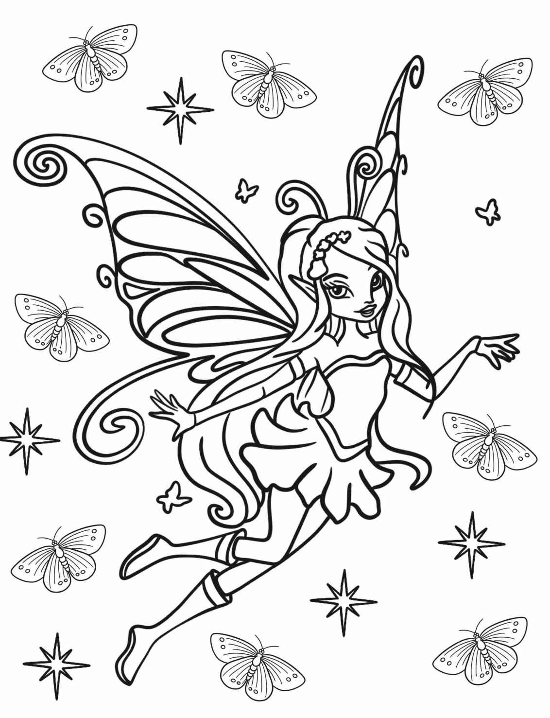 Desenho de Fada com asas e borboletas para colorir