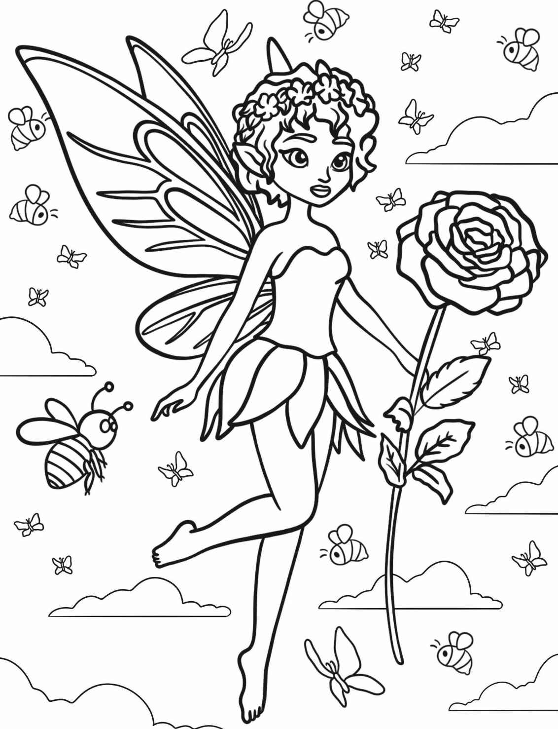 Desenho de Fada com flor e abelhas para colorir