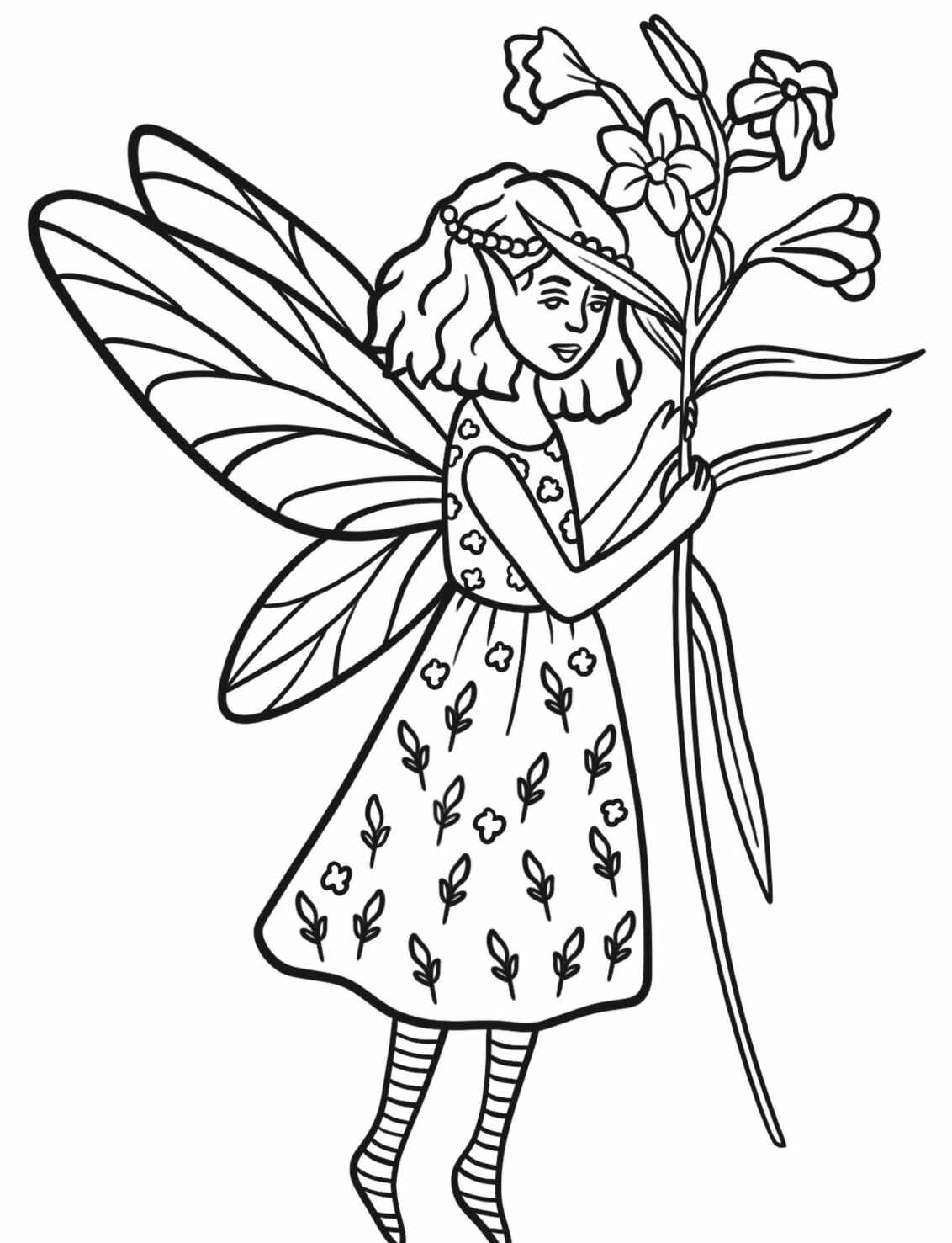 Desenho de Fada segurando flores para colorir