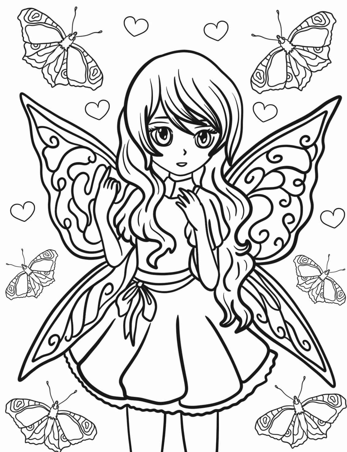 Desenho de Fada com asas grandes e borboletas para colorir