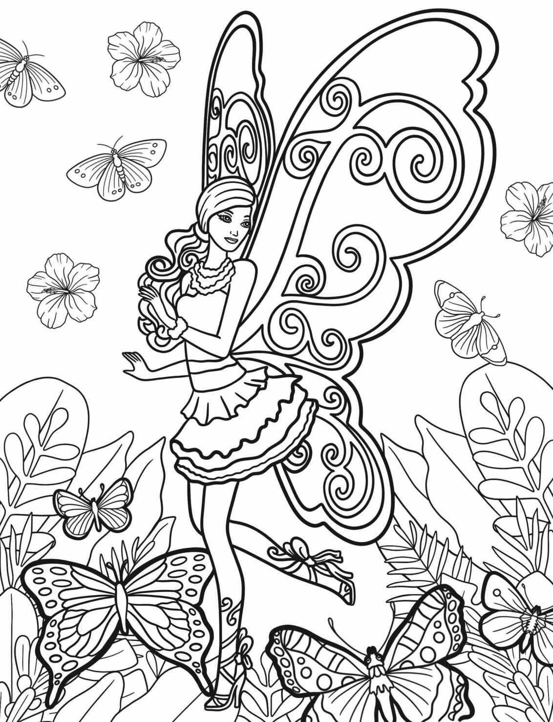 Desenho de Fada com asas grandes entre flores para colorir