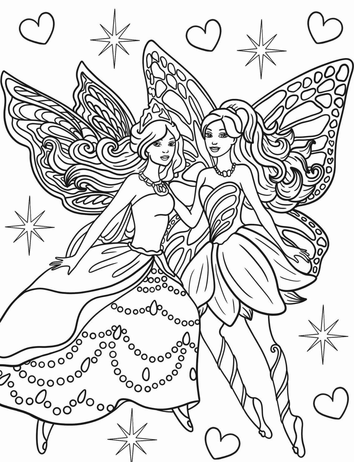 Desenho de Fadas com asas e corações para colorir