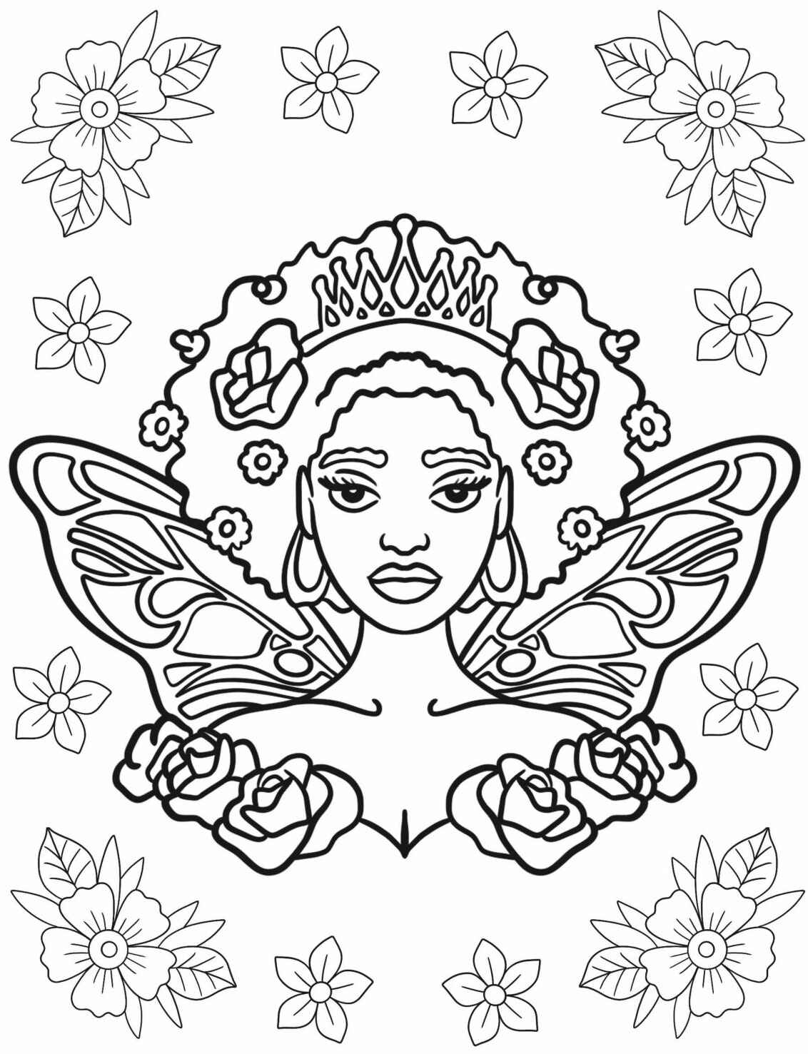 Desenho de Fada com flores e borboletas para colorir