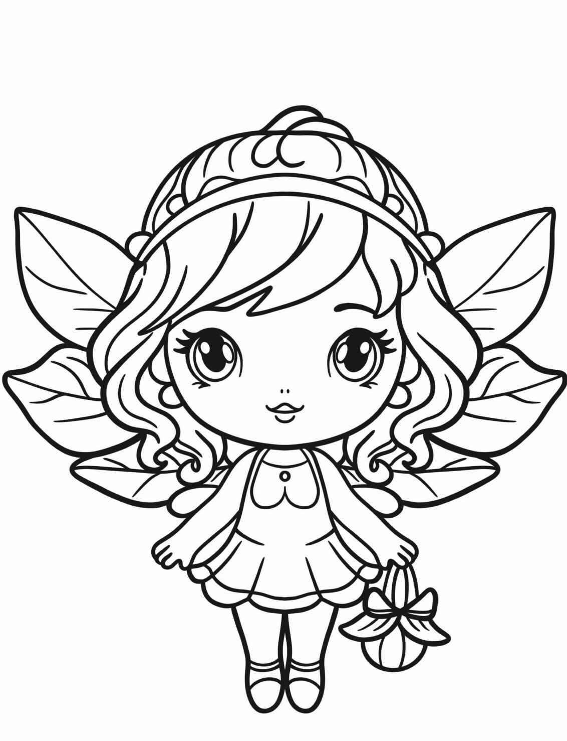 Desenho de Fada fofa segurando uma flor para colorir