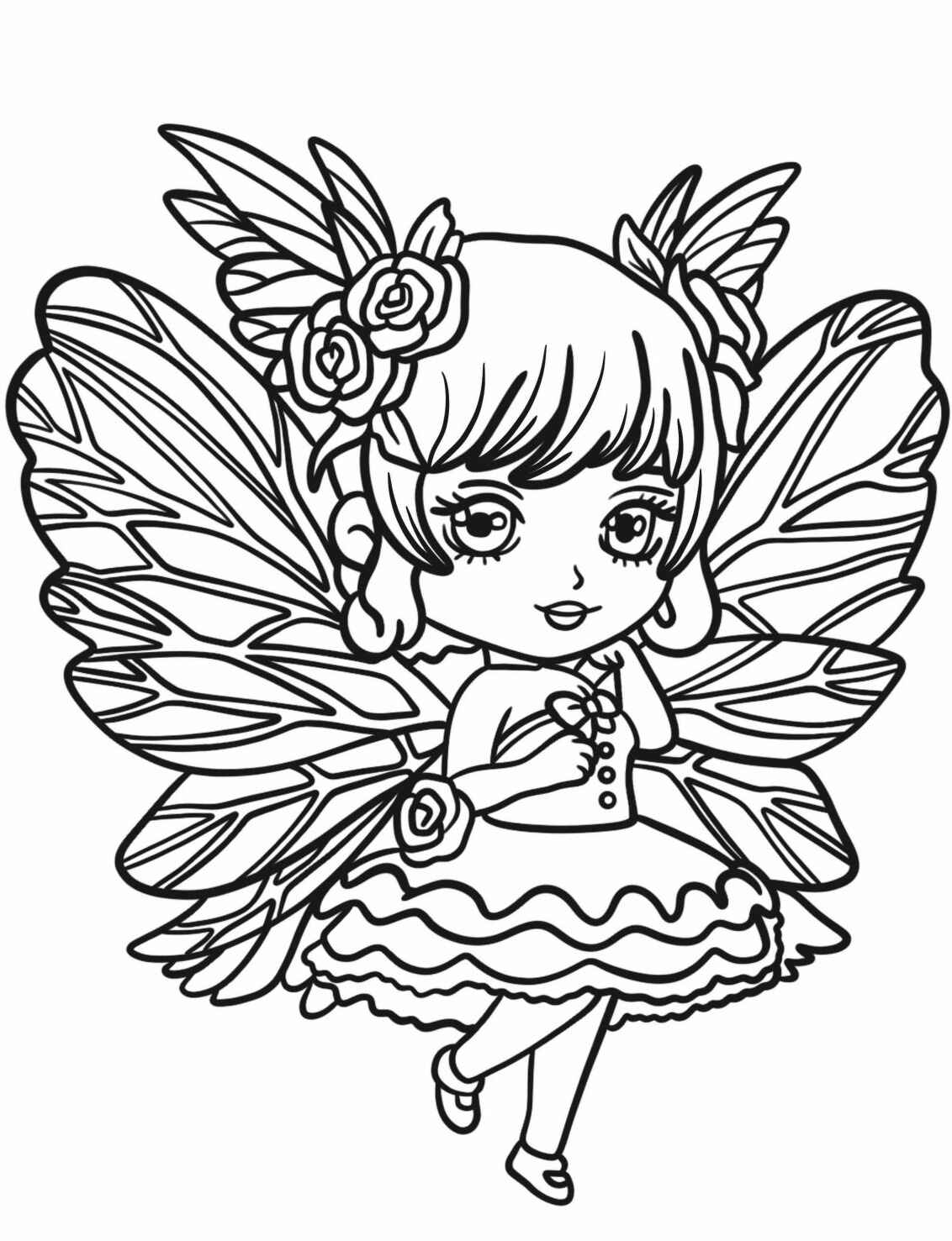 Desenho de Fada com asas grandes e vestido fofo para colorir