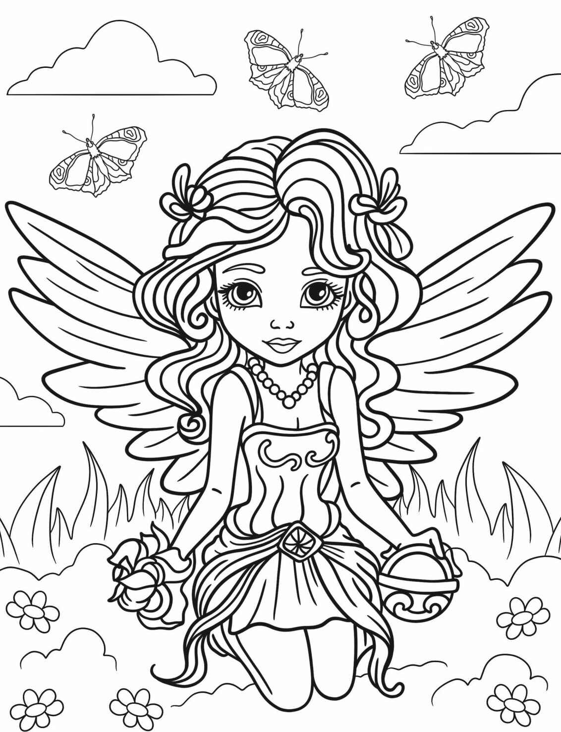 Desenho de Fada com flores e borboletas para colorir