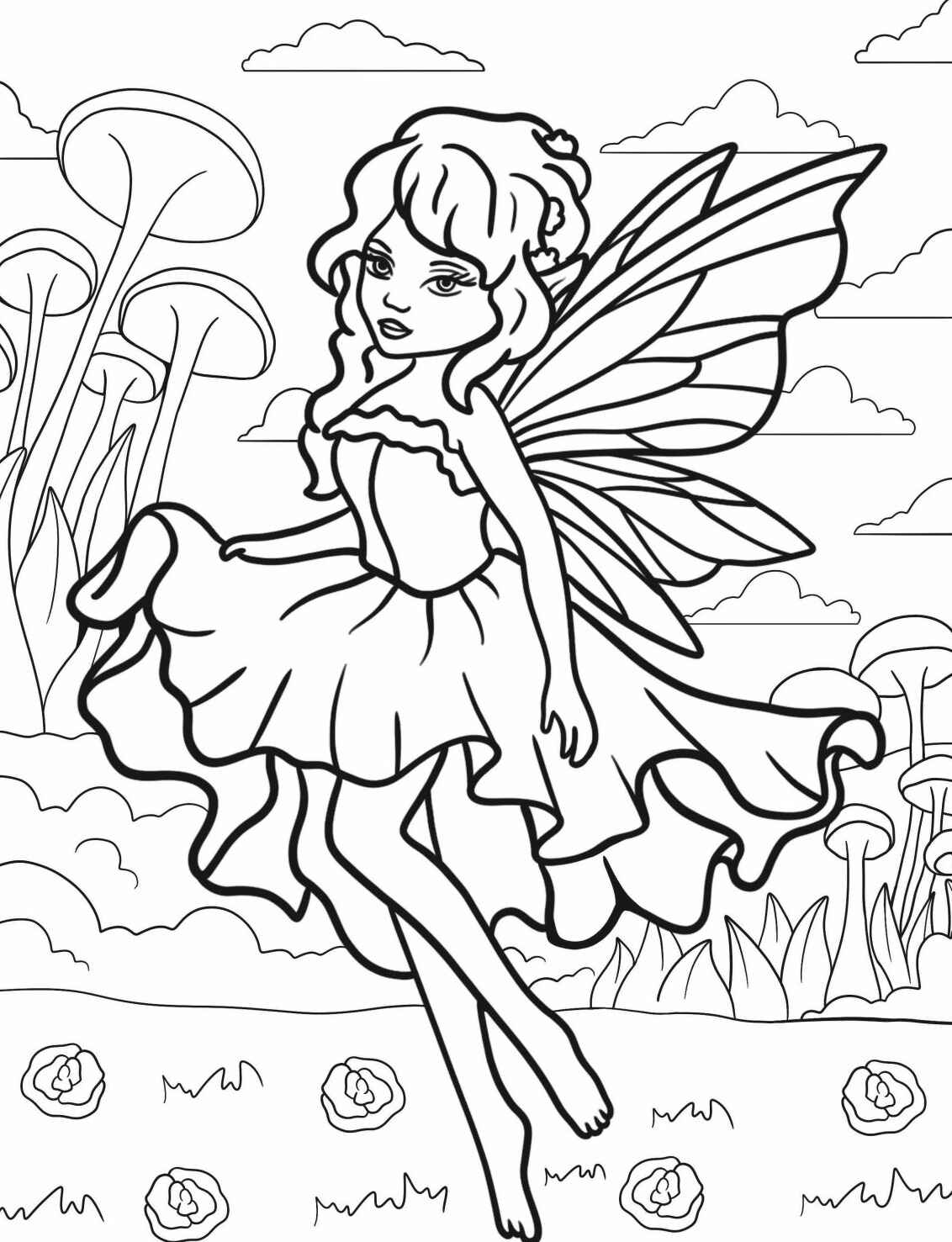 Desenho de Fada com asas grandes para colorir