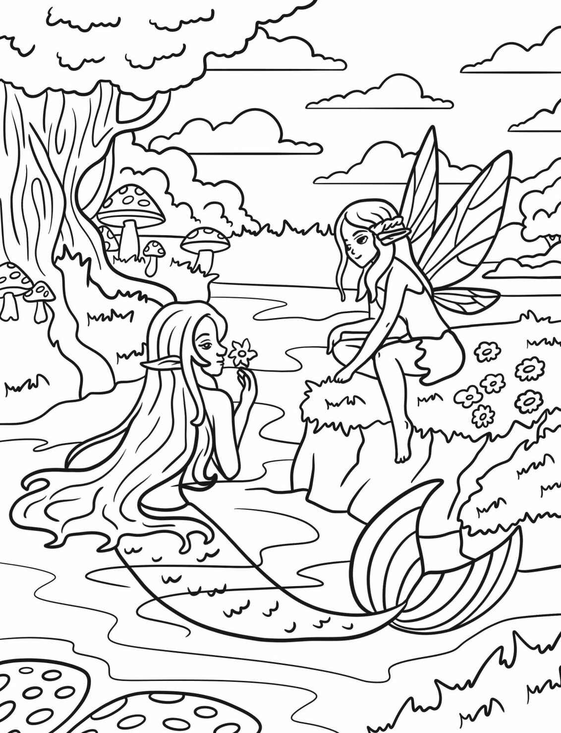 Desenho de Fada e Sereia no lago para colorir