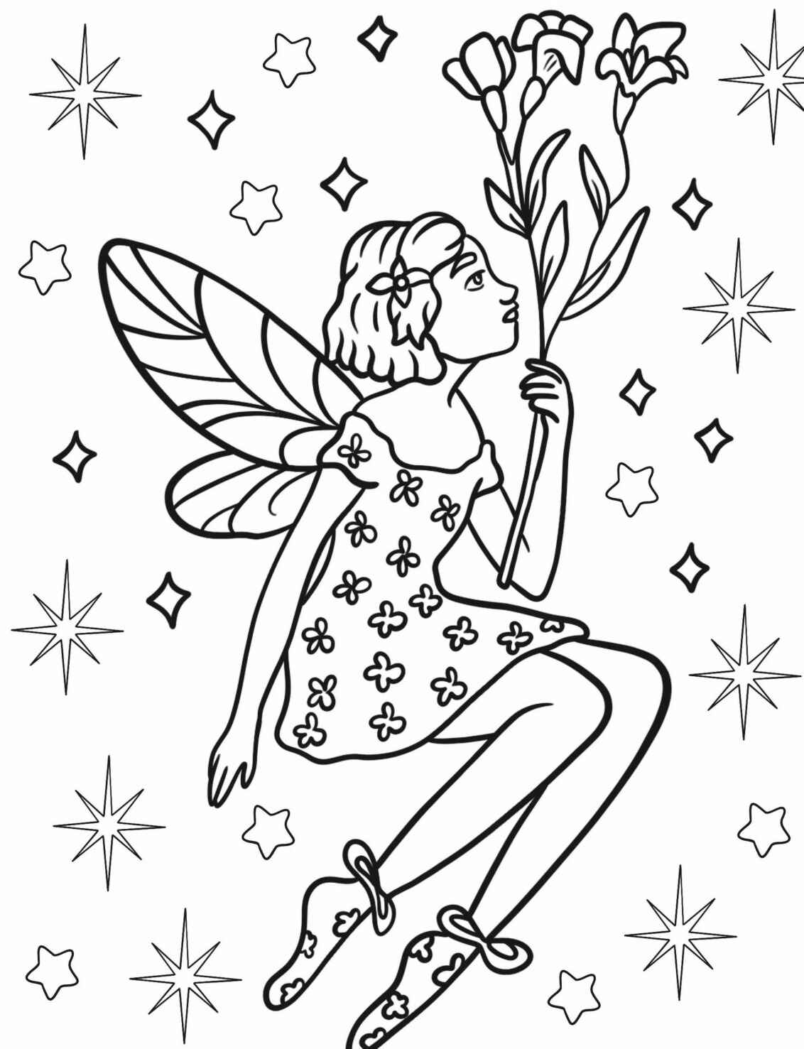 Desenho de Fada segurando flores para colorir