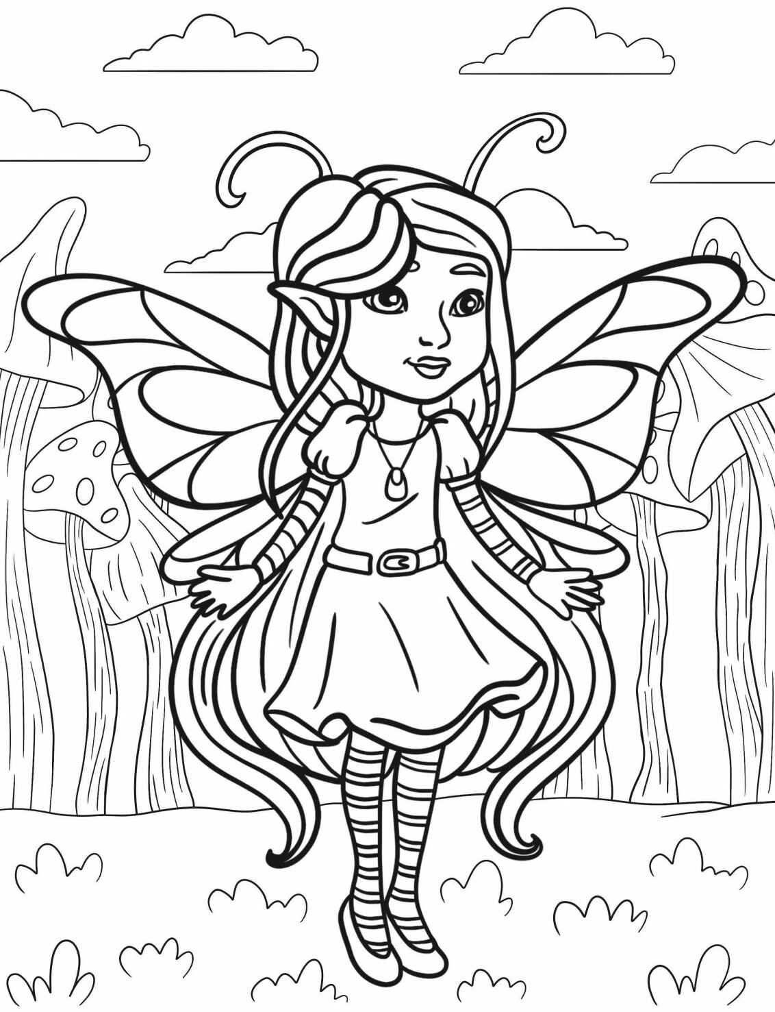 Desenho de Fada com asas grandes e vestido fofo para colorir