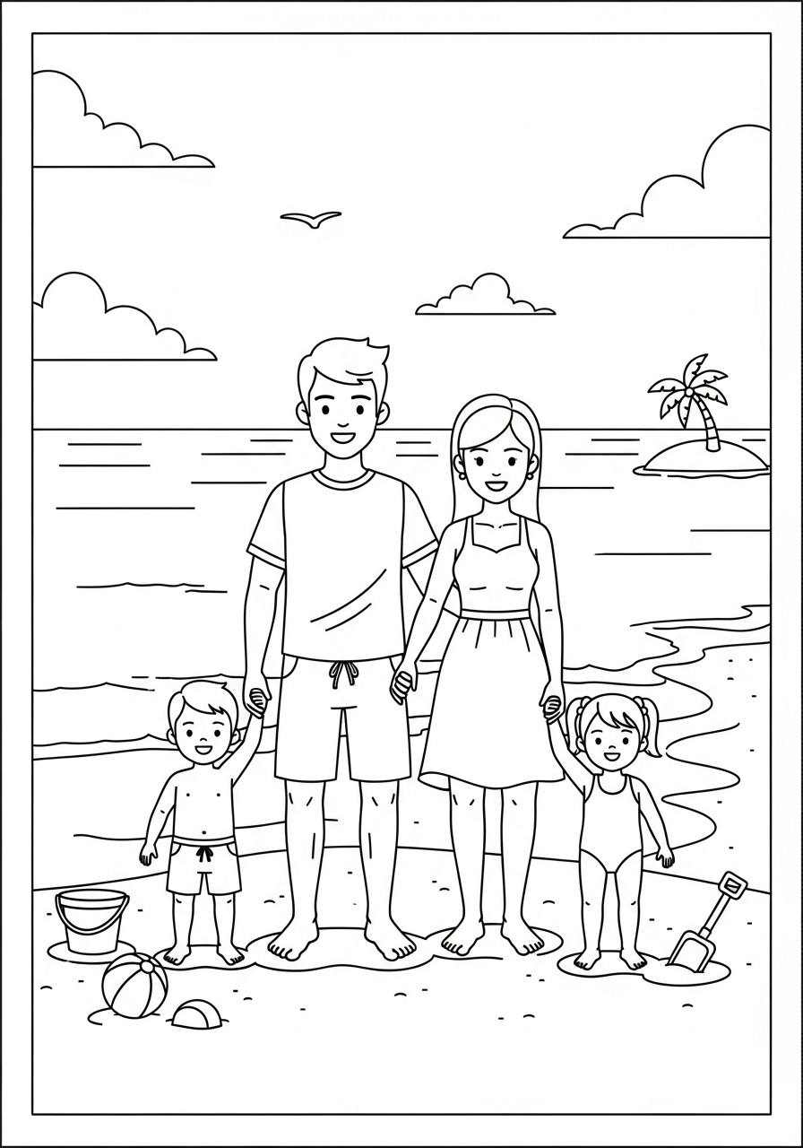 Desenho de Família na Praia para colorir