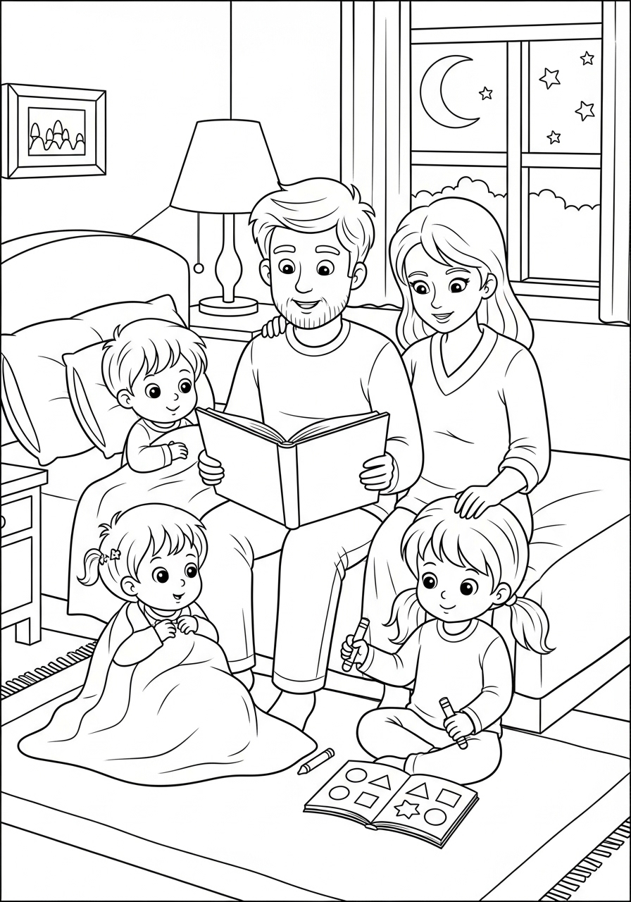 Desenho de Família lendo livro juntos para colorir