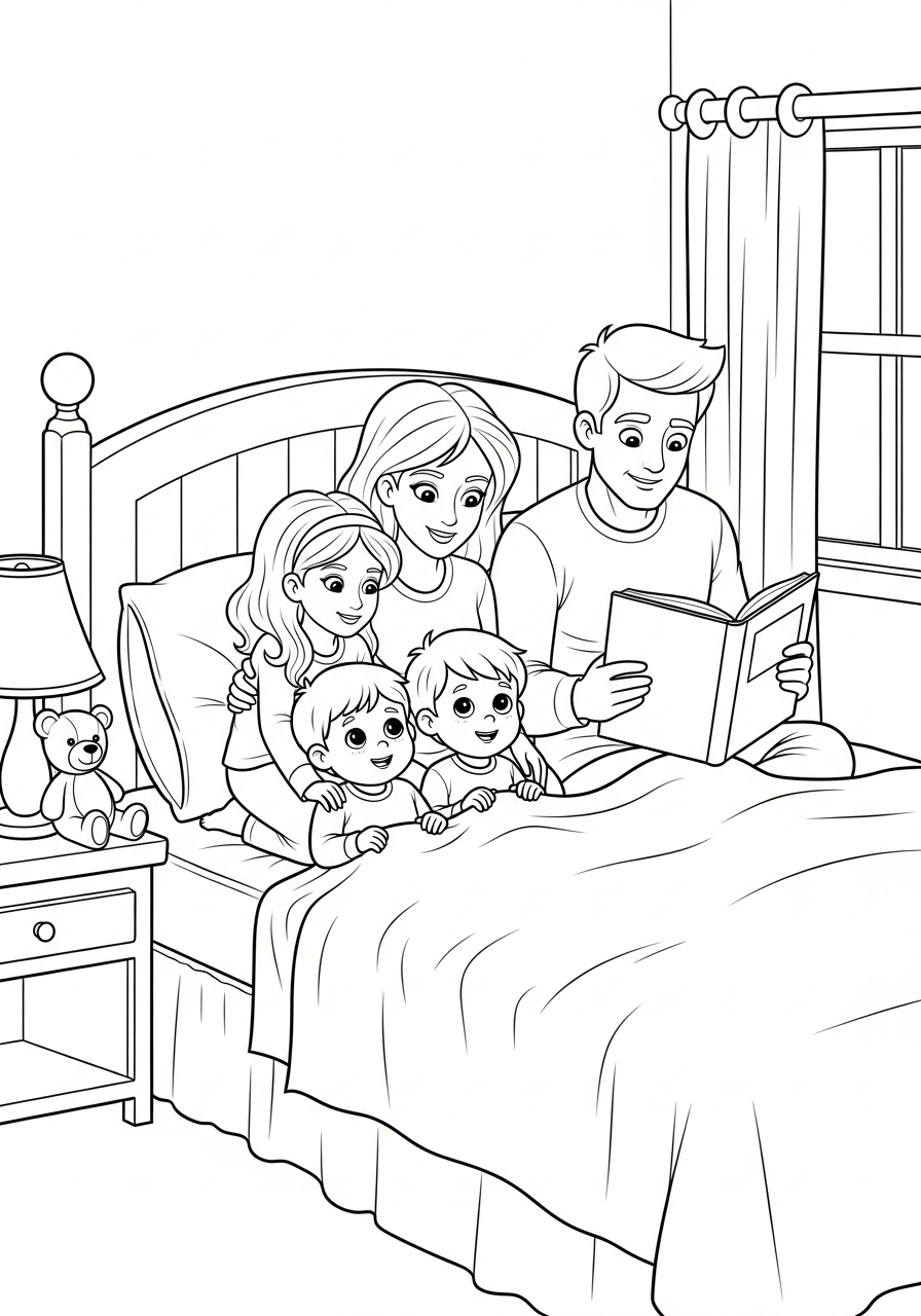 Desenho de Família lendo juntas na cama para colorir