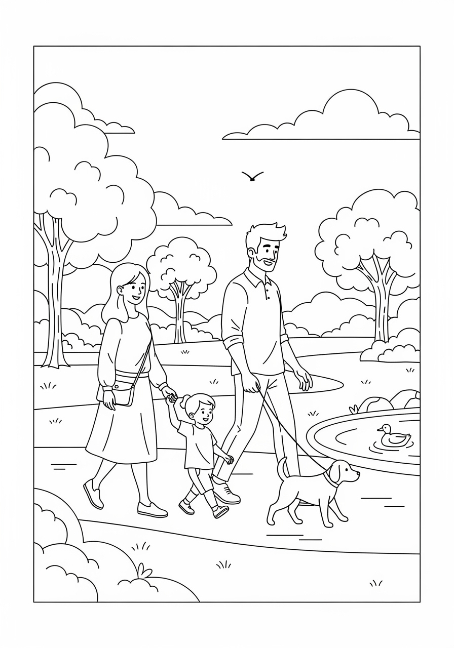 Desenho de Família passeando com cachorro para colorir