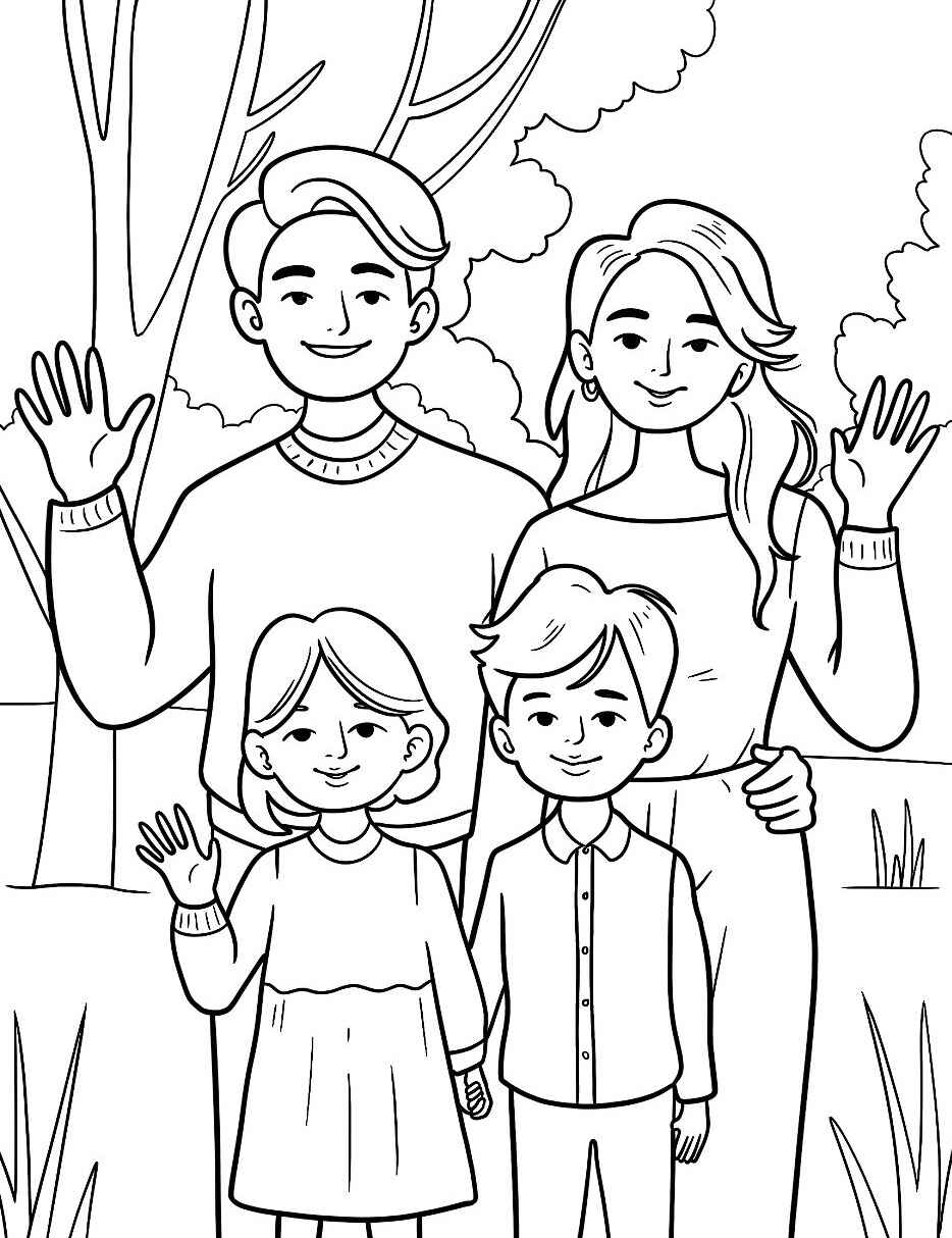 Desenho de Família acenando para colorir
