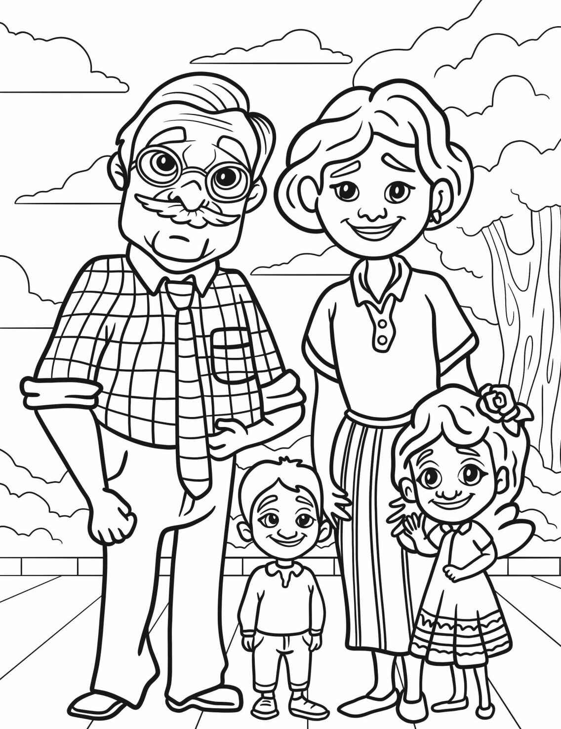 Desenho de Família Fofa com avós e crianças para colorir