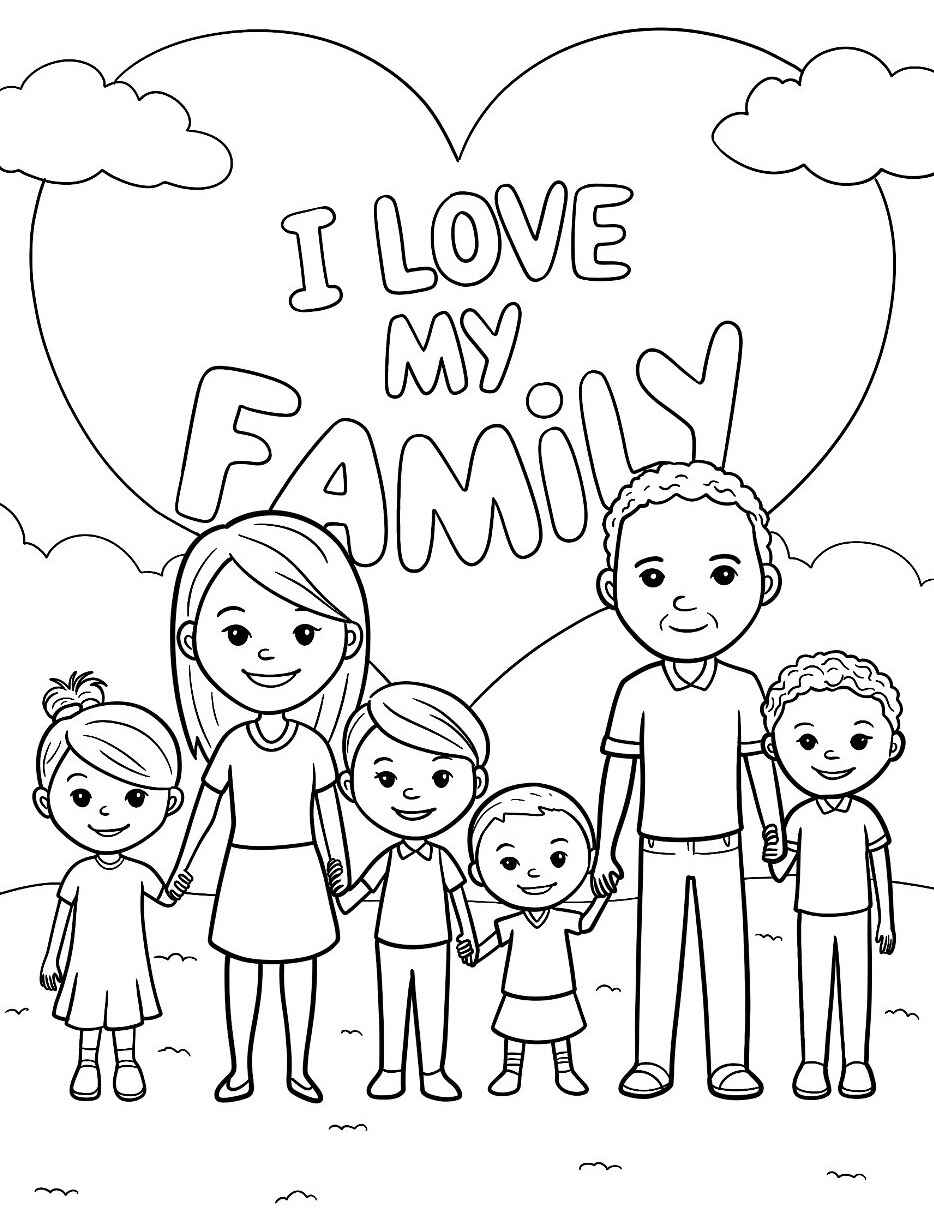 Desenho de Família com corações para colorir