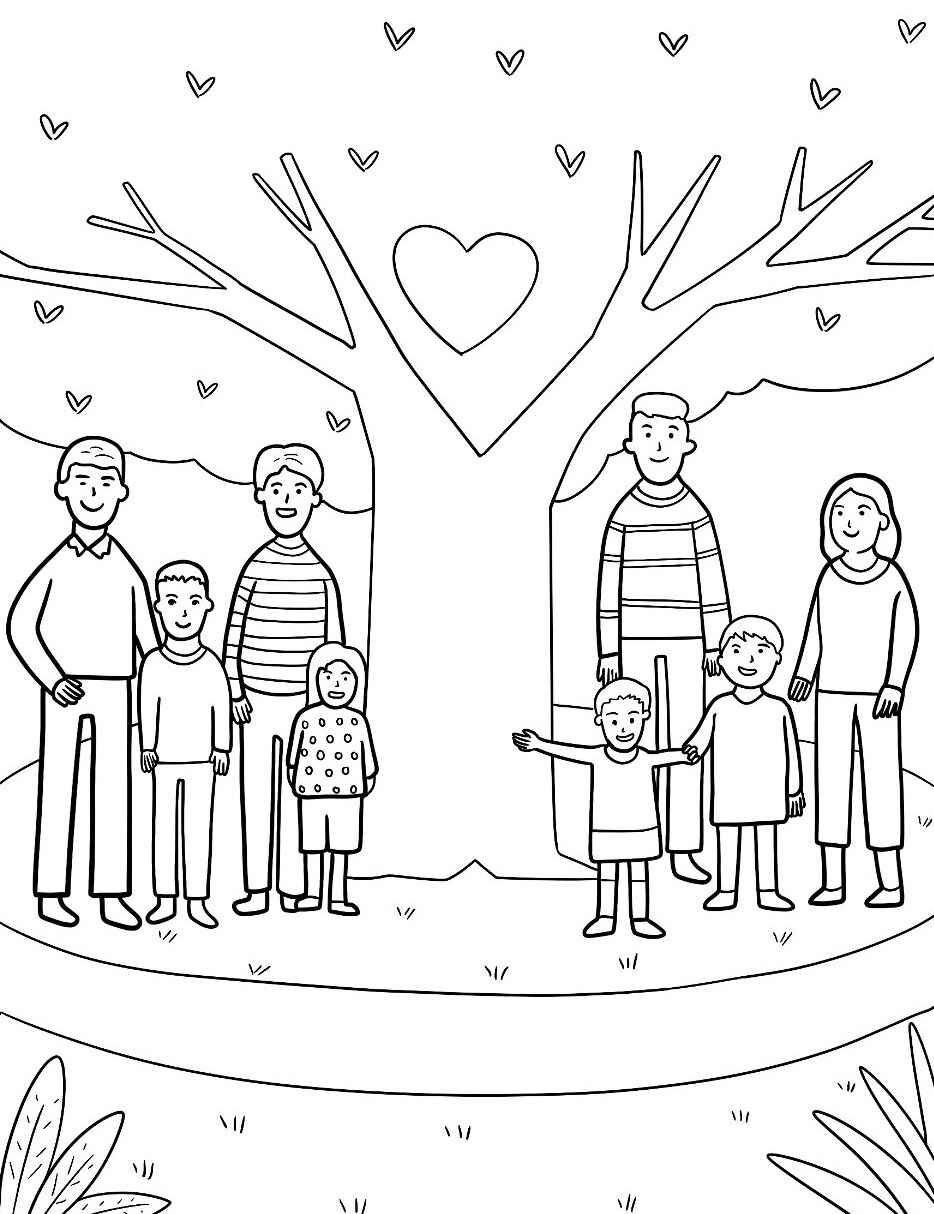 Desenho de Família em frente a uma Árvore para colorir