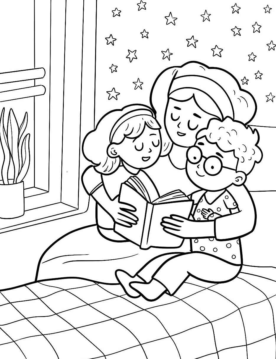 Desenho de Família lendo livro para colorir