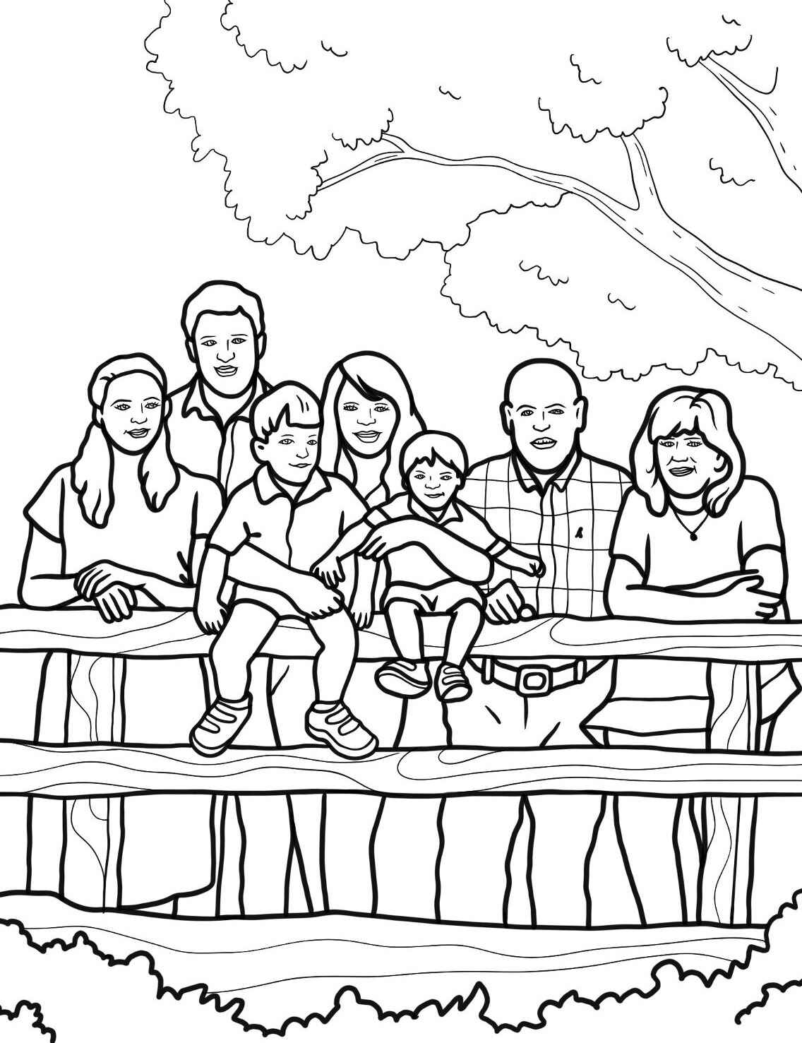 Desenho de Família com sete integrantes para colorir
