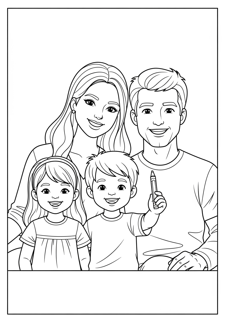 Desenho de Família com pai mãe e duas crianças para colorir