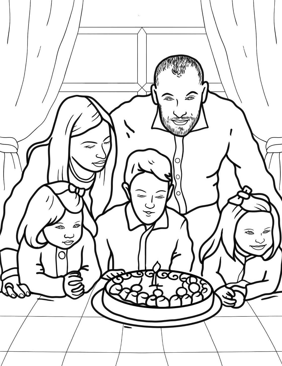 Desenho de Família ao redor do bolo para colorir