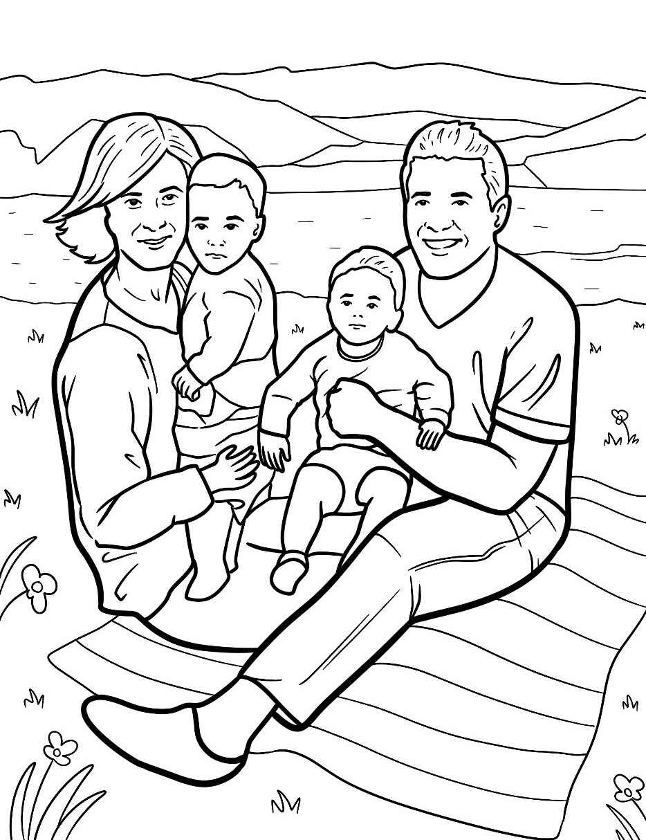 Desenho de Família em um piquenique para colorir
