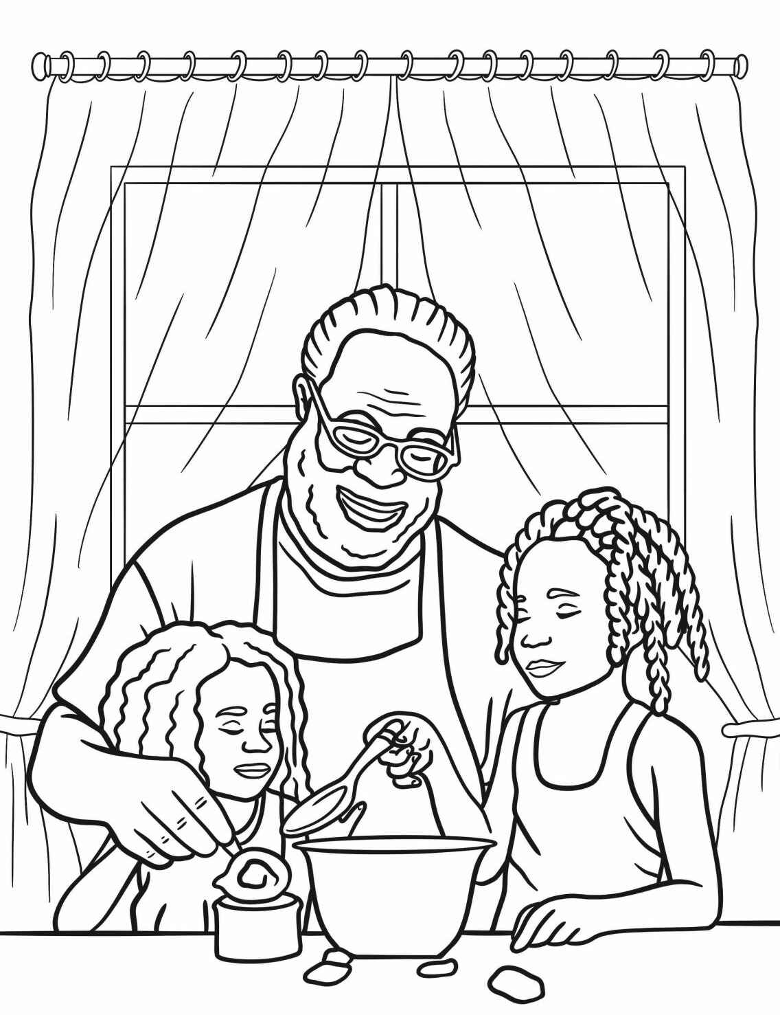 Desenho de Família cozinhando junto para colorir