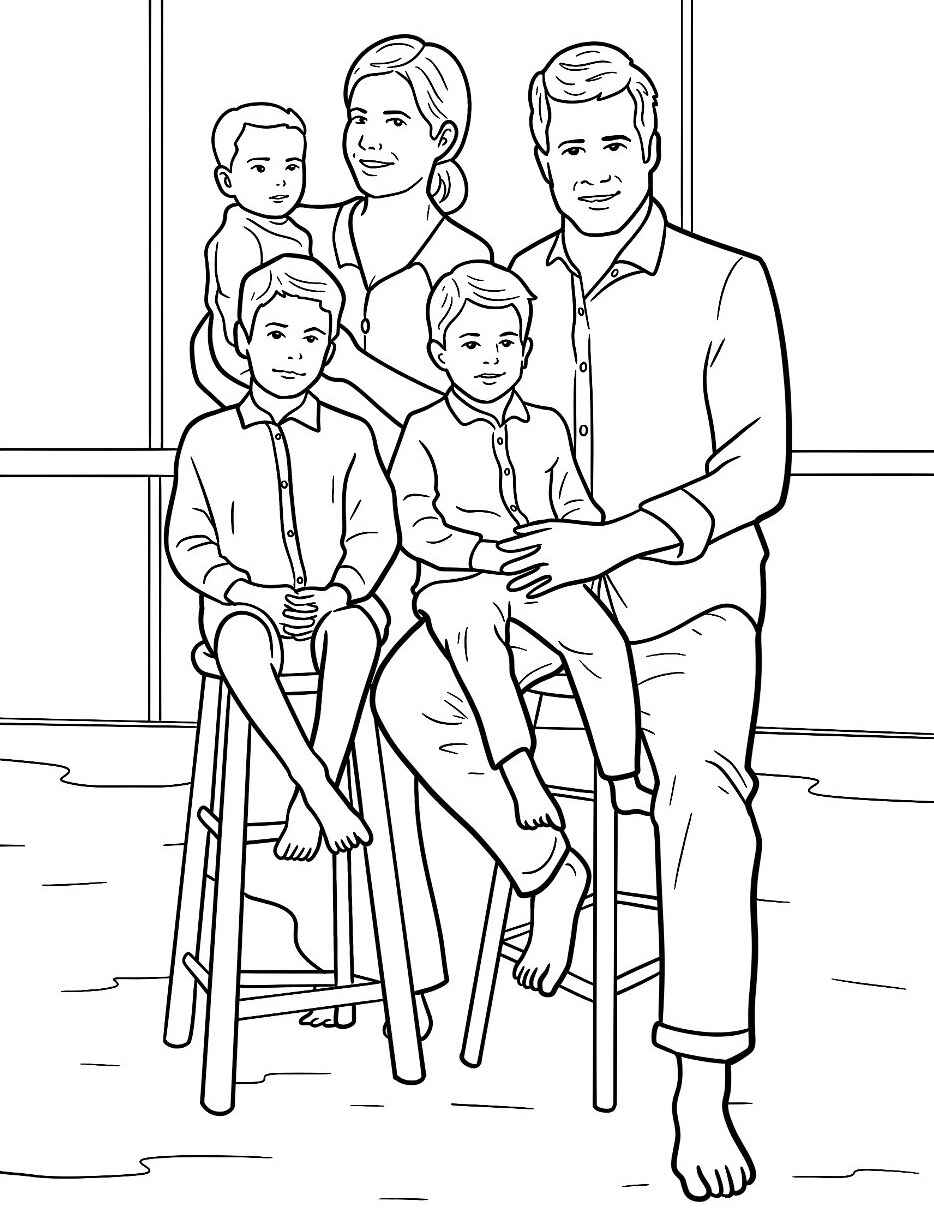 Desenho de Família sentada em banquinhos para colorir