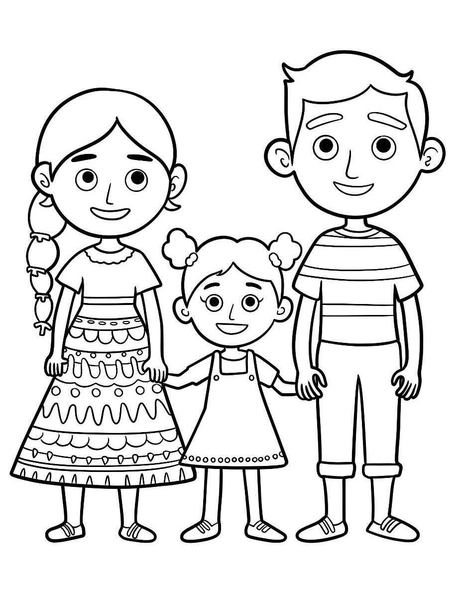 Desenho de Família com pai mãe e filha para colorir