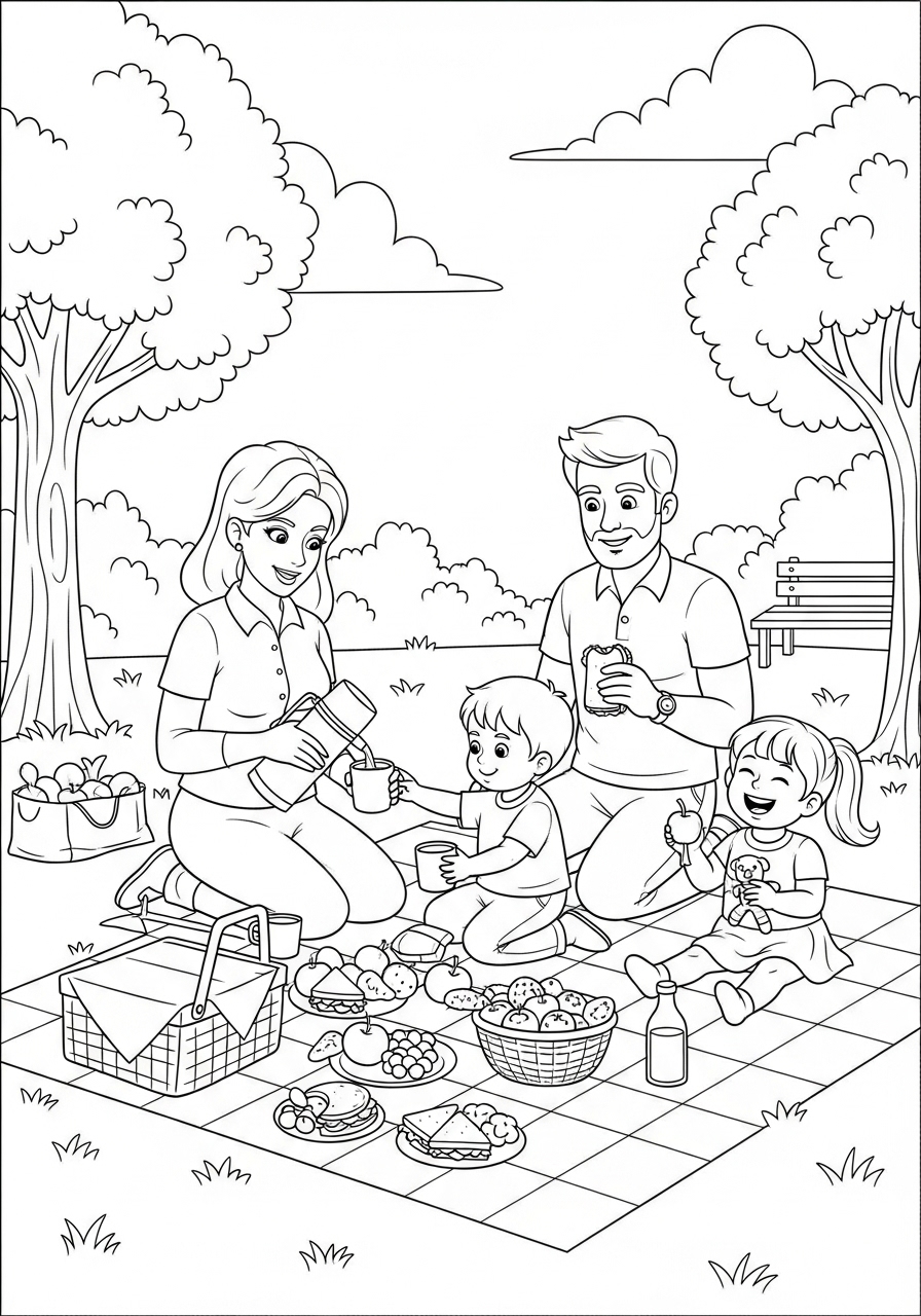 Desenho de Família fazendo piquenique para colorir
